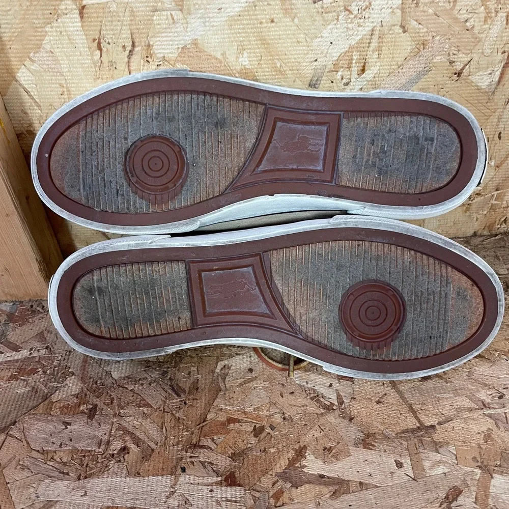 Polo Ralph Lauren Boat Shoes Mens Size 8 Tan Brown Canvas Leather Laced Sneakers